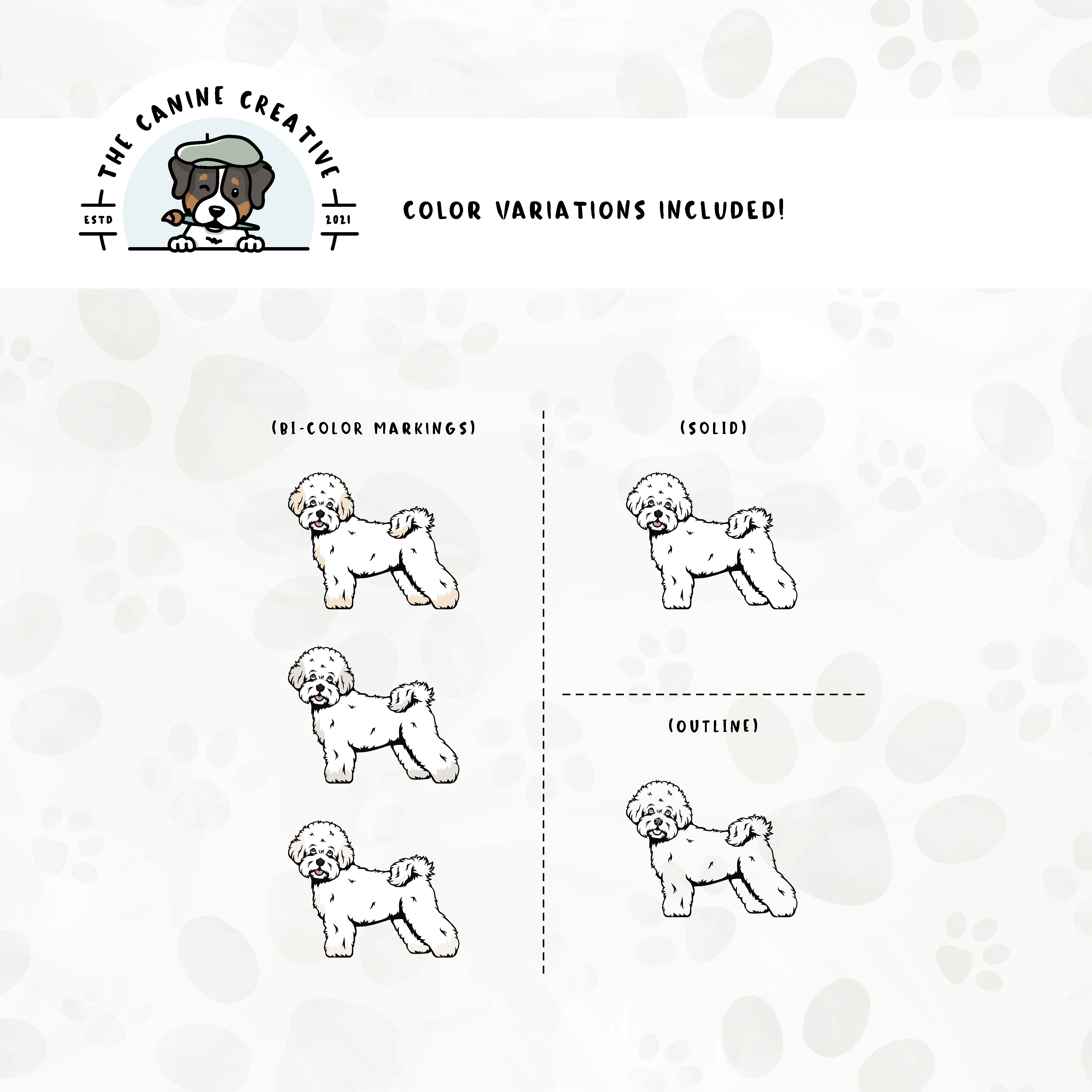 Dog color variations for each design in this bundle include common color and marking variations found in Bichons (white, buff, apricot, and cream), as well as an outline option.